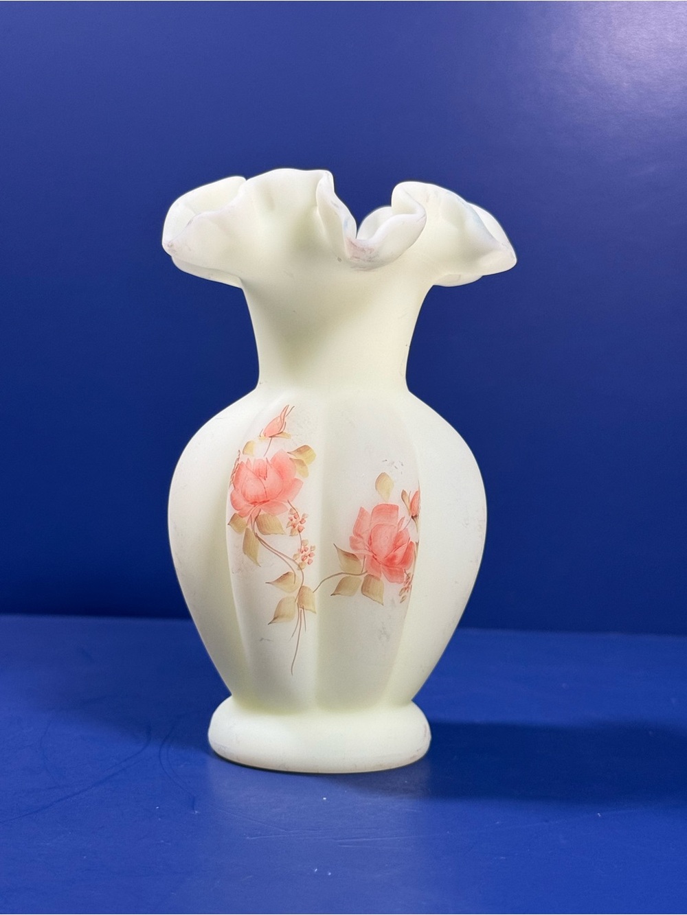 Vintage Fenton Custard Vase 5.5” Hand Painted Pink Floral UV Reactive Signed